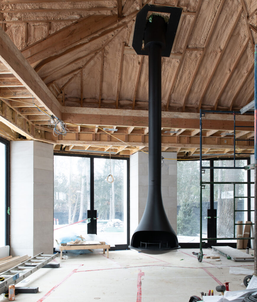 Hanging fireplace in a construction zone.